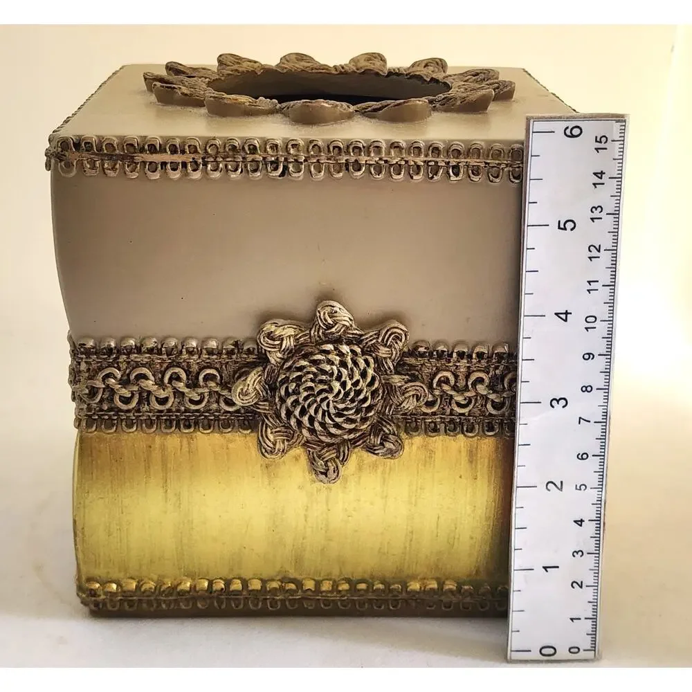 Avanti Linens Braided Medallion Tissue Box Cover Gold Beige Ornate